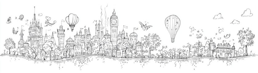 Fantasy Cityscape with Hot Air Balloons