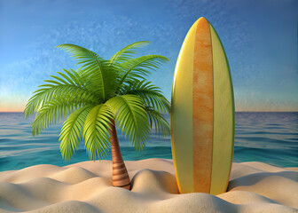 Surf's Up. Idyllic Beach Scene with Surfboard and Palm Tree