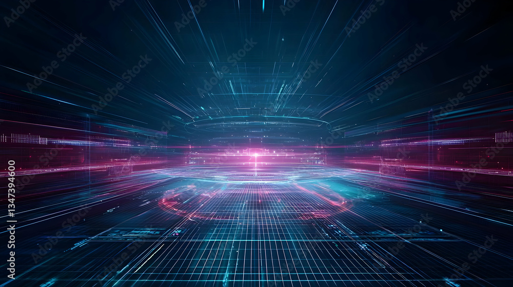 Poster futuristic digital network tunnel with glowing lines and points