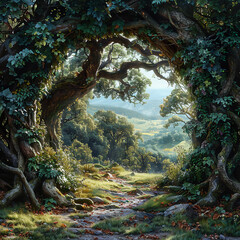 Enchanted Forest Path Leading to Verdant Valley View