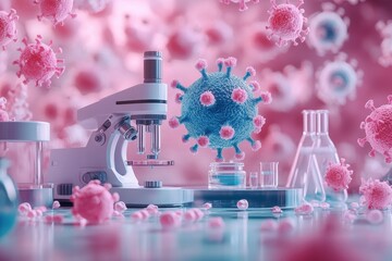 Detailed analysis of microbes using a microscope in a laboratory setting with vibrant visual representation of virus structures