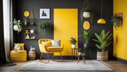 Aesthetic gradient black to yellow themed nursery interior concept