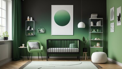 Aesthetic gradient black to green themed nursery interior concept