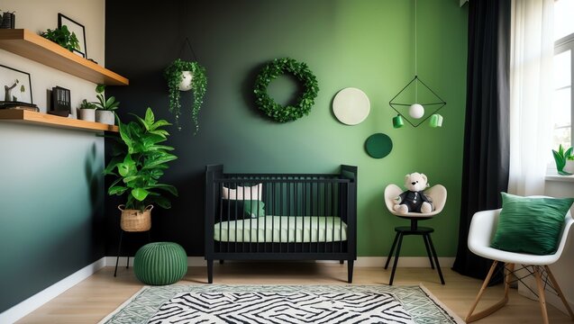 Aesthetic gradient black to green themed nursery interior concept
