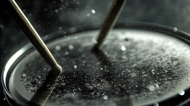 Drum Sticks Striking Drumhead, Smoky Background