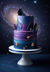 Stunning galaxy-themed cake with vibrant colors and golden stars