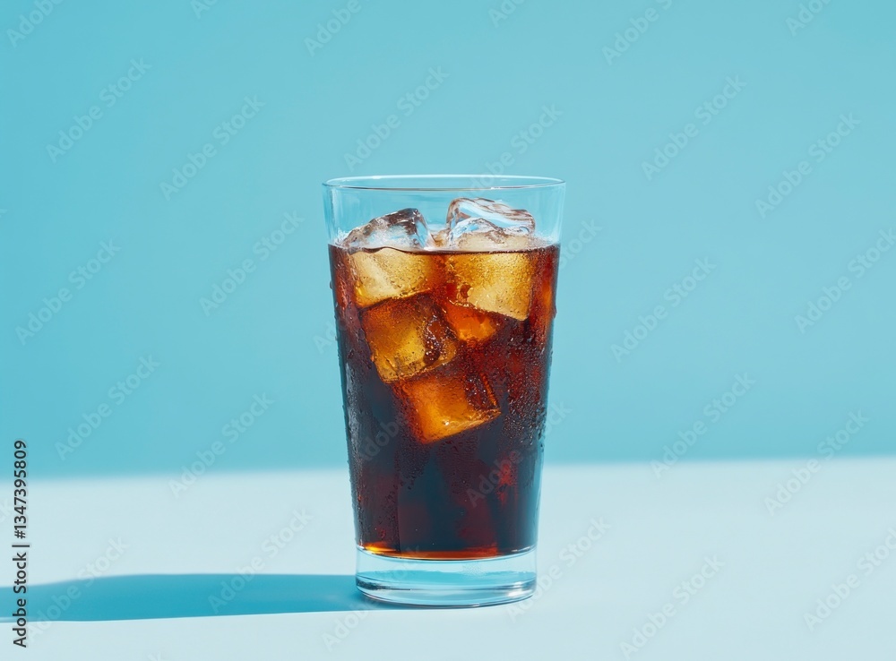 Poster refreshing cola drink with ice cubes on a minimalist blue background