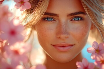 Fototapeta premium Commercial ad idea. Gorgeous brazilian young woman surrounded by cherry blossoms. Spring mood, golden hour in sunset. Bright spring fashion with woman and flowers. Bright woman in floral park.