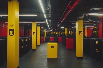 A dimly lit martial arts training facility with yellow pillars and red and black padded equipment.