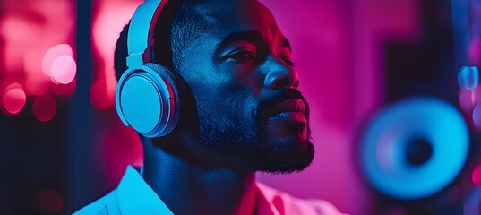 A sound engineer wearing headphones, mixing audio tracks in a studio, with space for text