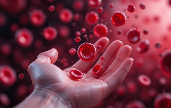 A hopeful hand carrying vital red blood cells symbolizing life and health amidst a sea of microscopic wonders in deep red hues