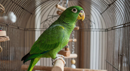 A parrot mimicking words in a cage.
