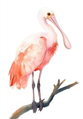 Obraz premium Watercolor Illustration of a Pink Bird Perched on a Branch