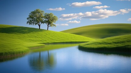 Naklejka premium Scenic landscape with two trees, serene river, rolling green hills, bright blue sky, fluffy clouds, and tranquil water reflections in a natural setting