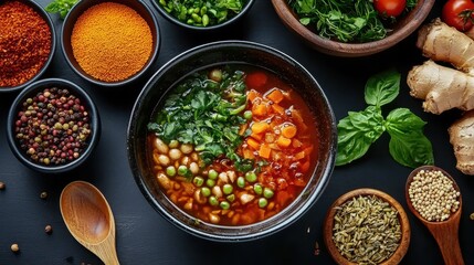 Asian food recipes herbal soup concept. A vibrant bowl of soup surrounded by fresh ingredients and spices, showcasing a colorful and healthy culinary setup.
