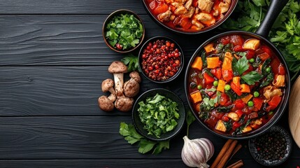 Asian food recipes herbal soup concept. A vibrant array of delicious dishes featuring colorful vegetables, meat, and fresh herbs arranged beautifully on a rustic wooden surface.