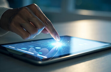 Close-Up of a Person's Hand Touching a Tablet Screen with Bright Light and Digital Effects in a Modern Indoor Setting