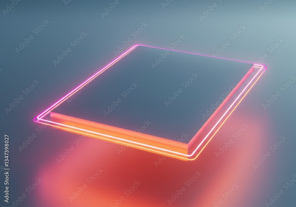 Poster neon glowing mockup of a blank rectangular frame on a soft background