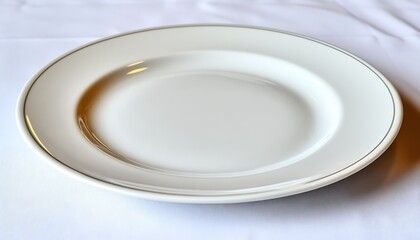 White plate on white tablecloth, restaurant setting