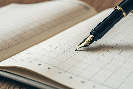 Close-Up View of Fountain Pen on Open Notebook with Blank Grids for Writing or Sketching Creative Ideas and Personal Notes in Elegant Setting
