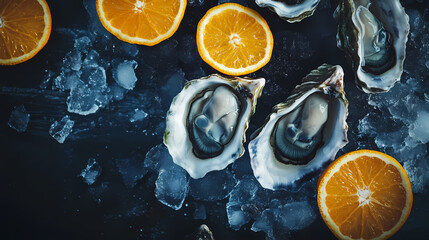 Exquisite Oysters: A captivating top-down shot featuring succulent fresh oysters on a bed of ice, artfully arranged with vibrant orange slices. It evokes freshness and culinary delight.