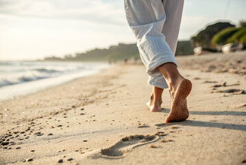 Barefoot Walk on Serene Sandy Beach at Sunset with Gentle Waves and Footprints in Soft Sand Capturing Peaceful Coastal Vibes