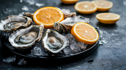 Appetizing Seafood: A plate filled with fresh oysters on ice, accompanied by vibrant orange slices, offering a sensory feast of flavors and textures.