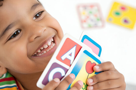 Smiling child joyfully holding colorful educational flashcards while playing and learning in a bright indoor setting, promoting early childhood education and development.
