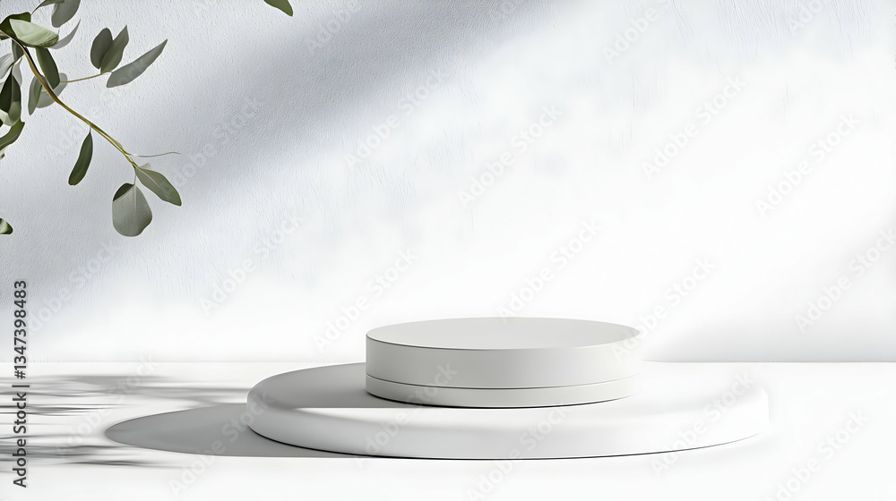 Poster white circular podium displaying product with natural shadow and leafy branch backdrop