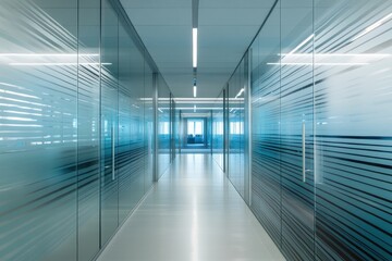 Sleek Modern Office Hallway: A Futuristic Corridor with Glass Walls, Reflective Floors, and Cool Blue Ambiance – Minimalist Design Meets High-Tech Elegance in Cinematic Architectural Photography