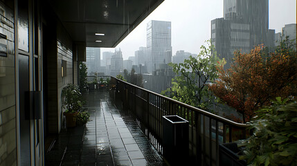 Wet Balcony View Of A Modern Cityscape During A Rainy Day With Tall Buildings Under A Cloudy Sky