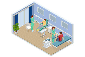 Isometric female patient sits in a reclining medical chair receiving IV chemotherapy . A nurse in green scrubs is taking a blood sample from a male patient seated on an examination table.