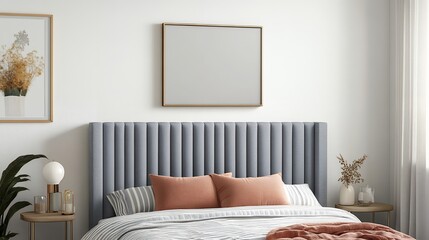 Stylish Gray Channel Tufted Headboard Bedroom Interior Design Mockup