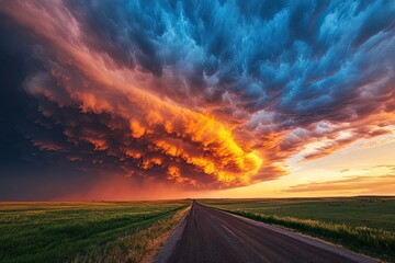 Dramatic sunset over a road through a field, with vibrant storm clouds