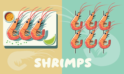 A bright vector illustration of shrimp cooked in two different ways. On the left, fried shrimp on a plate with sauce and lime; on the right, skewered shrimp for grilling. 