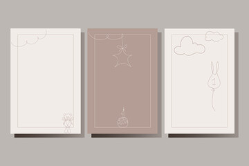 Set of greeting cards, invitation templates for first birthday, month in minimalism. Trend pastel colors. Design layouts with cute vector illustrations for baby parties.