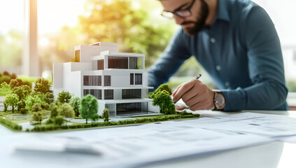 Architect Designing Modern Eco-Friendly House Model with Greenery