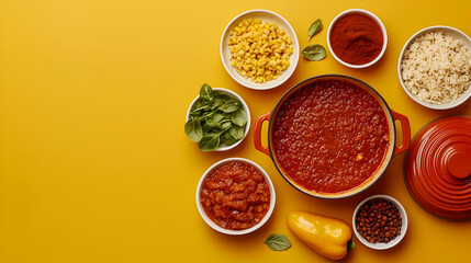 Colorful Cooking Ingredients Arrangement On Bright Yellow Background