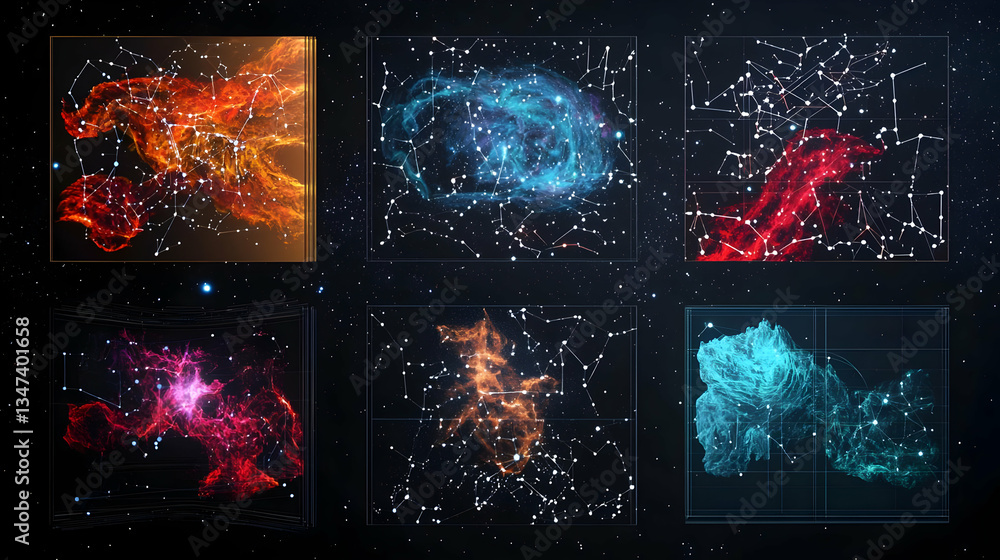 Poster six abstract celestial nebulae designs in square grids with starry background