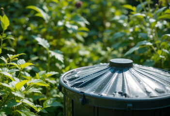 Fototapeta premium Green trash bin in a garden. Sunlight highlights the vibrant plants, creating a serene atmosphere.