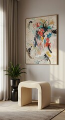 Abstract Art Print in Modern Interior Design Cream Bench and Plant