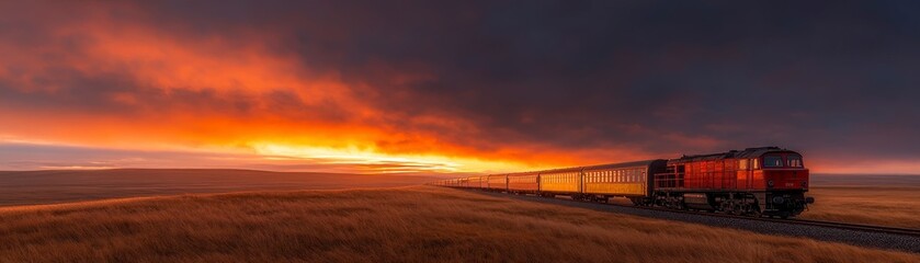 Obraz premium A train travels through a vast landscape under a dramatic sunset, showcasing vibrant colors and tranquil scenery.
