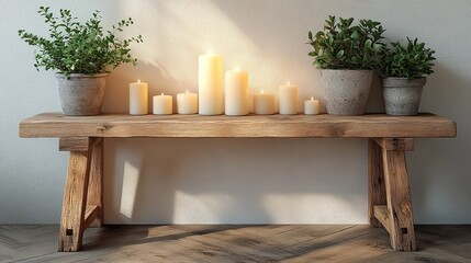 Rustic Wooden Console Table with Beige Candles and Greenery Enhancing a Cozy Modern Living Space