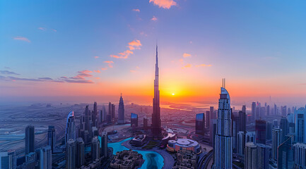 Naklejka premium Dubai Skyline Sunset Panorama