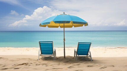 Beach chairs and umbrella on the tropical beach with blue sky background