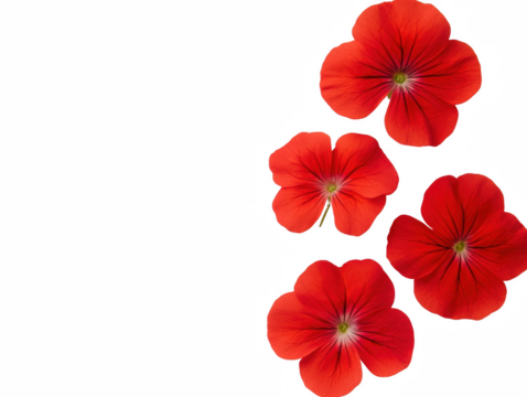 A close up of four red flowers with a white background. The flowers are arranged in a way that they are not overlapping each other. Concept of beauty and simplicity
