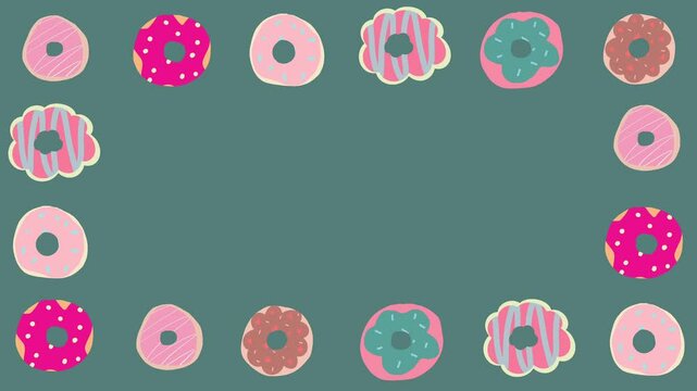 Animated cute pastel assorted donuts border frame on green background, showcasing colorful frosted donuts in a fun and whimsical style.
