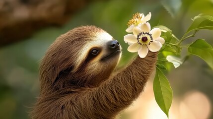 Fototapeta premium A sloth gently interacts with a blooming flower, showcasing its slow, peaceful nature amidst a lush green environment.