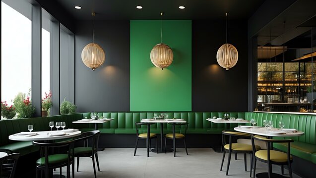 Aesthetic gradient black to green themed restaurant interior concept