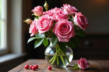 Softly lit rose pink roses and berries in a vase, flowers, berries, luxurious